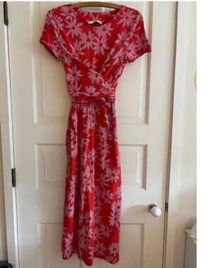 find. Red Pink Daisy Floral Wrap Waist Cotton Midi Dress Short Sleeve Portugal